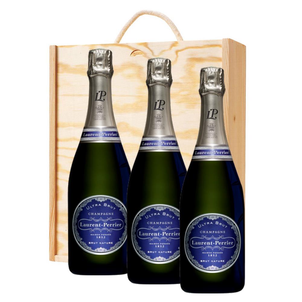 3 x Laurent Perrier Ultra Brut Champagne 75cl In A Pine Wooden Gift Box